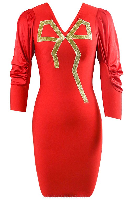 Herve Leger Red Gold Puff Sleeve Glitter Detail Dress