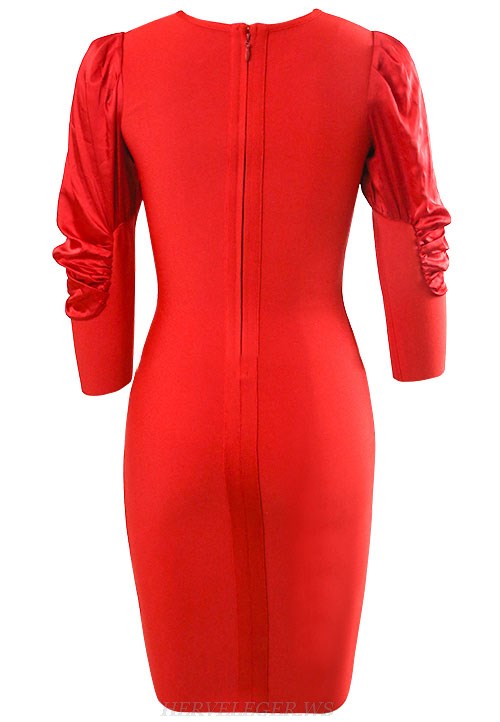 Herve Leger Red Gold Puff Sleeve Glitter Detail Dress