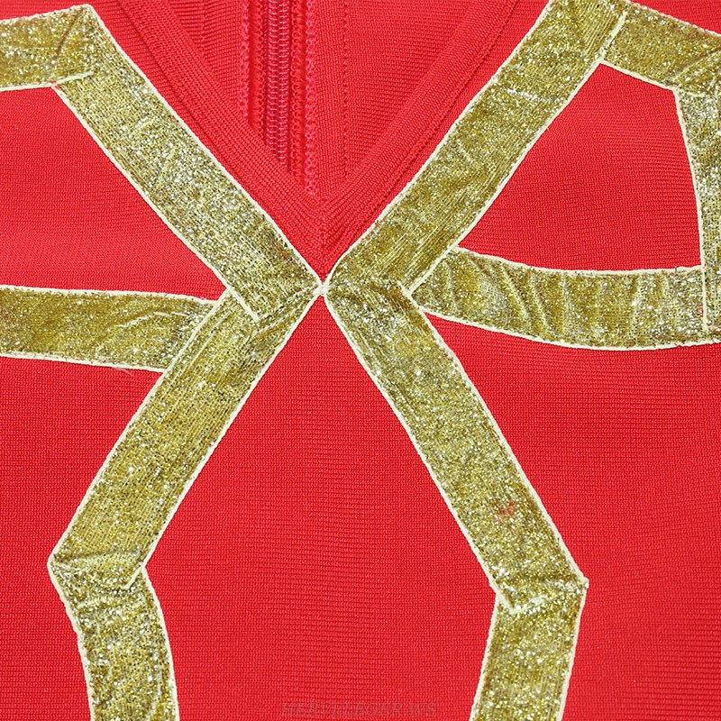 Herve Leger Red Gold Puff Sleeve Glitter Detail Dress