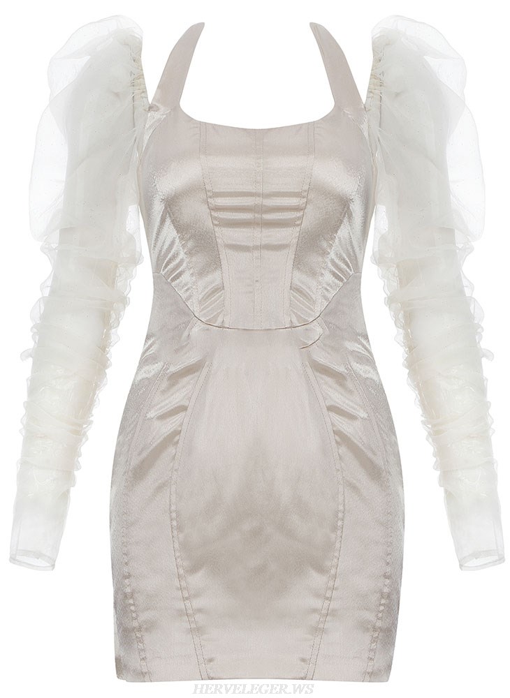 Herve Leger Nude Puff Sleeve Halter Satin Dress