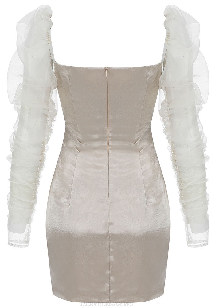 Herve Leger Nude Puff Sleeve Halter Satin Dress