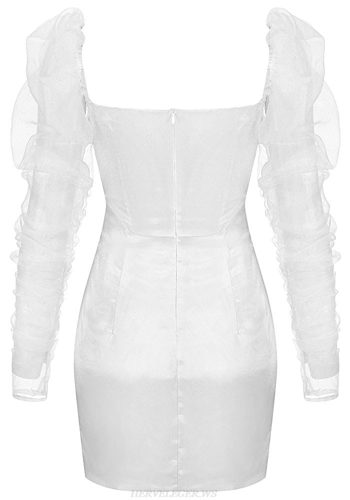 Herve Leger White Puff Sleeve Halter Satin Dress