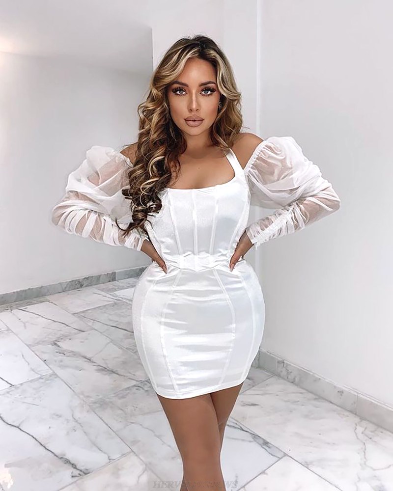 Herve Leger White Puff Sleeve Halter Satin Dress