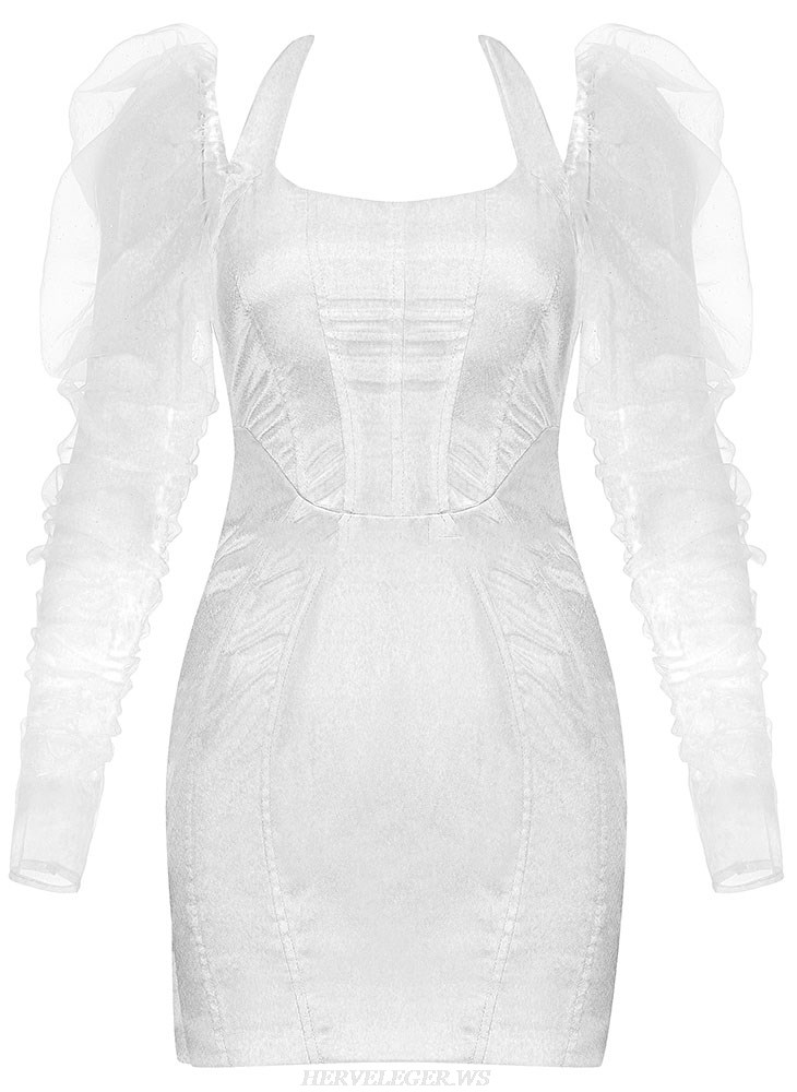 Herve Leger White Puff Sleeve Halter Satin Dress