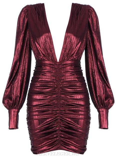 Herve Leger Mulberry Puff Sleeve Ruched Dress Herve Leger Mulberry Puff Sleeve Ruched Dress