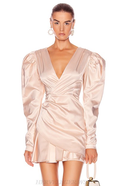 Herve Leger Pink Puff Sleeve Ruched Satin Dress