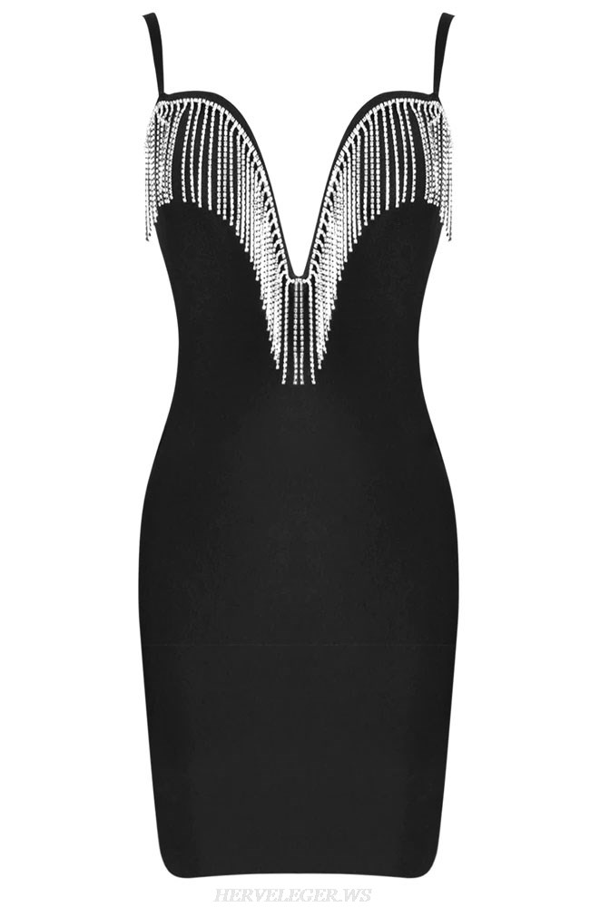 Herve Leger Black Rhinestone Tassel Bandage Dress