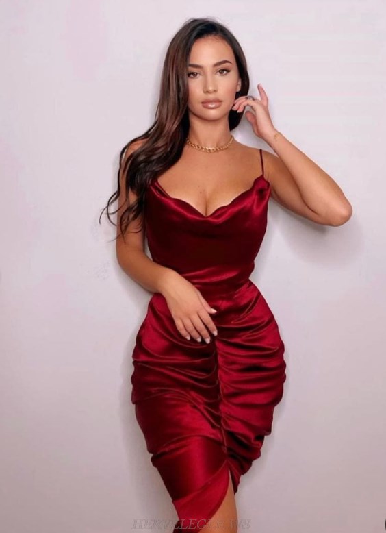 Herve Leger Burgundy Ruched Satin Dress