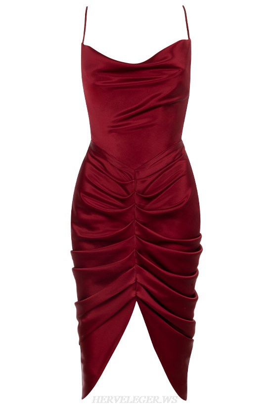Herve Leger Burgundy Ruched Satin Dress