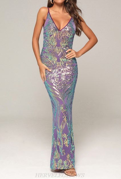 Herve Leger Purple Sequin Backless Gown