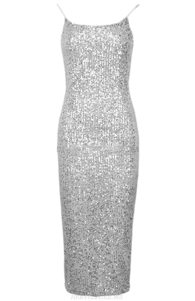 Herve Leger Silver Sequin Backless Dress