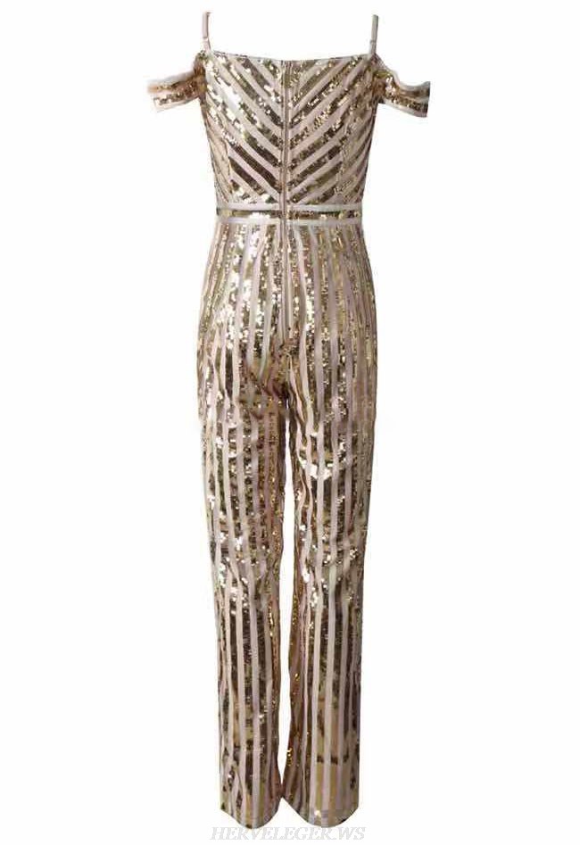 Herve Leger Gold Sequin Bardot Jumpsuit