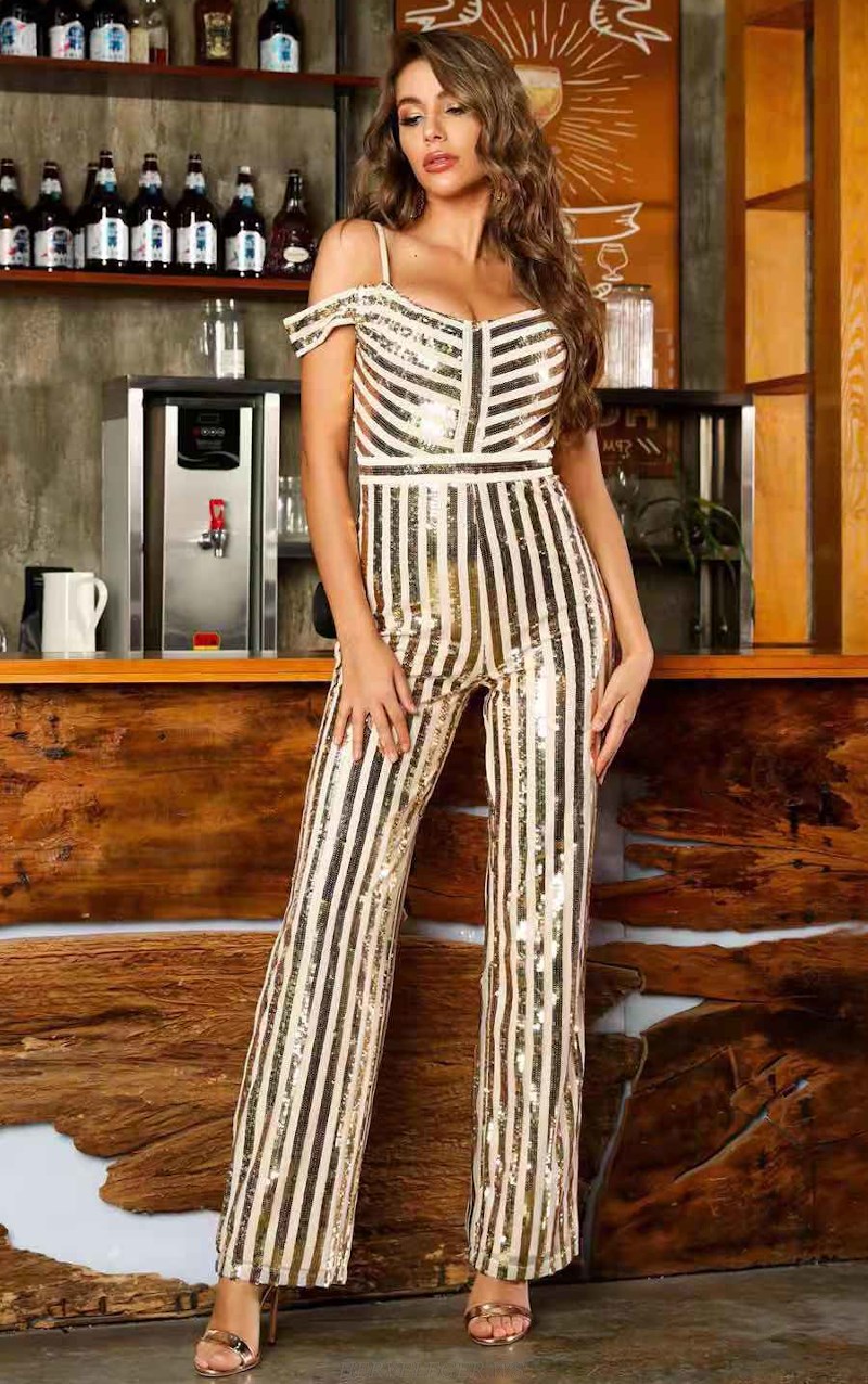 Herve Leger Gold Sequin Bardot Jumpsuit