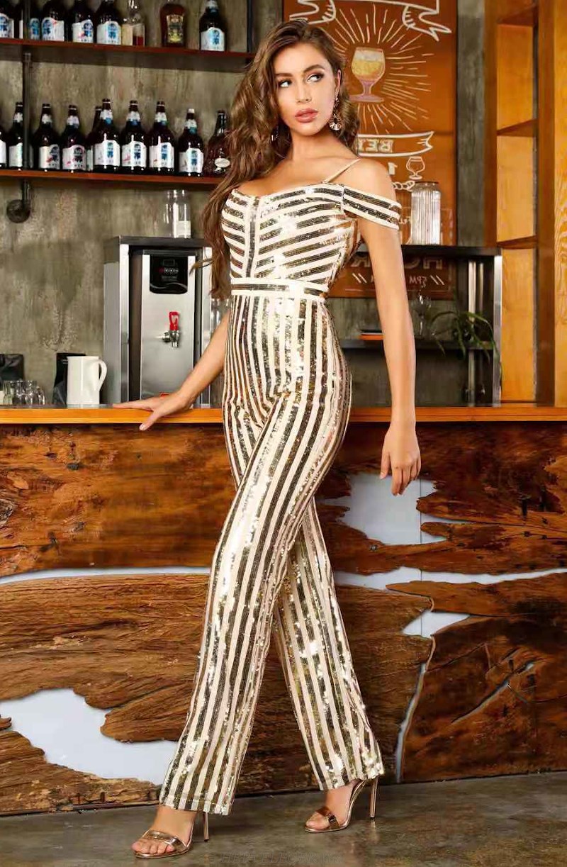 Herve Leger Gold Sequin Bardot Jumpsuit