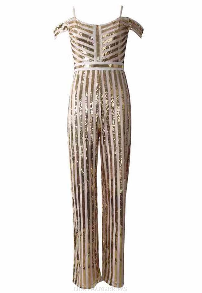Herve Leger Gold Sequin Bardot Jumpsuit