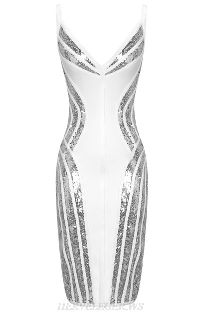Herve Leger White Silver Sequin Insert Dress