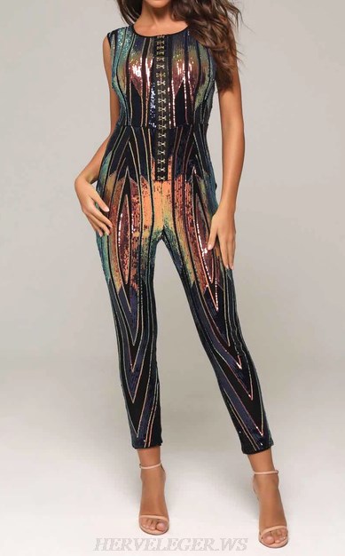 Herve Leger Rainbow Sequin Jumpsuit Herve Leger Rainbow Sequin Jumpsuit