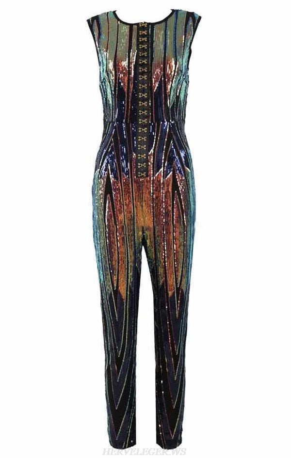 Herve Leger Rainbow Sequin Jumpsuit