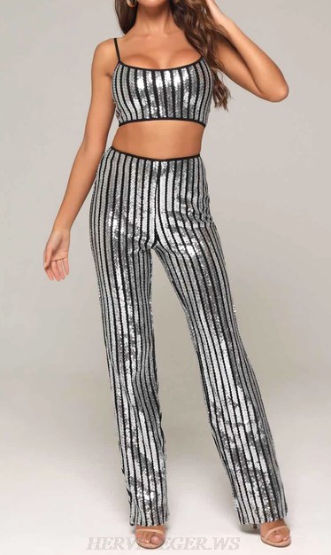 Herve Leger Silver Sequin Two Piece Jumpsuit Herve Leger Silver Sequin Two Piece Jumpsuit