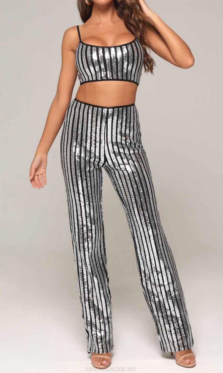 Herve Leger Silver Sequin Two Piece Jumpsuit