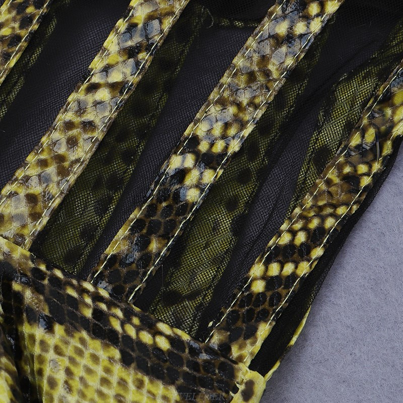 Herve Leger Yellow Black Snake Print Skater Dress