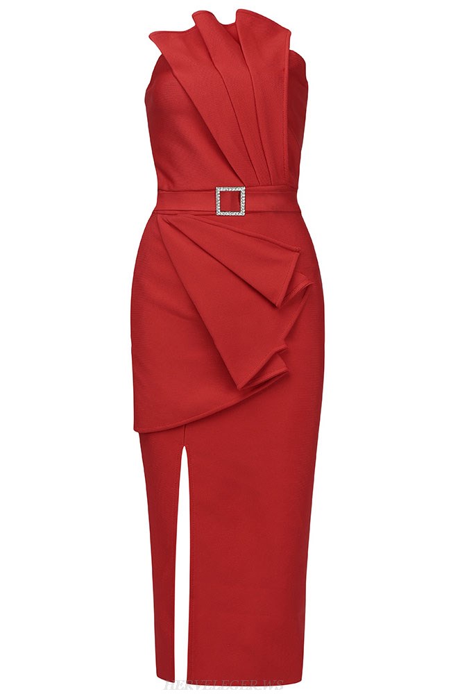 Herve Leger Red Strapless Draped Dress