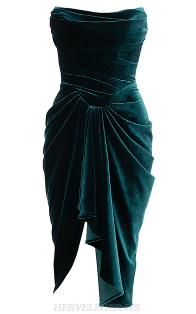 Herve Leger Green Strapless Draped Velvet Dress