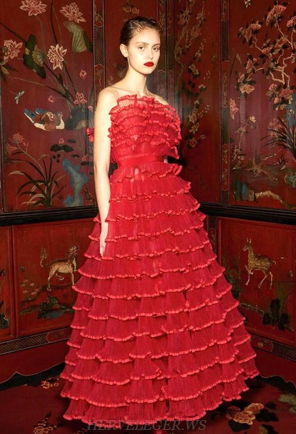Herve Leger Red Strapless Frill Detail Gown