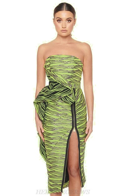 Herve Leger Green Silver Strapless Frill Detail Dress