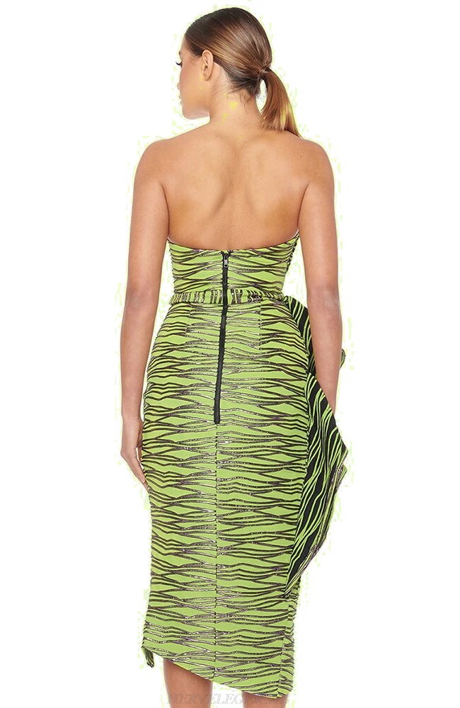 Herve Leger Green Silver Strapless Frill Detail Dress