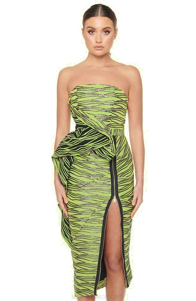 Herve Leger Green Silver Strapless Frill Detail Dress