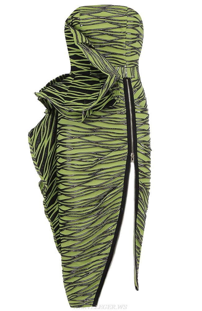 Herve Leger Green Silver Strapless Frill Detail Dress