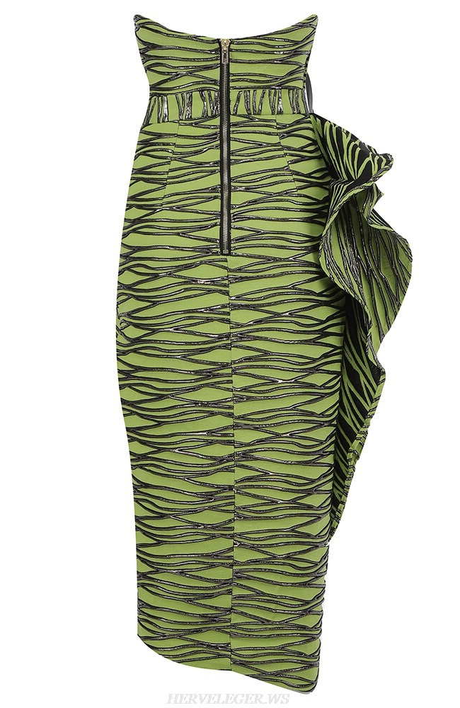 Herve Leger Green Silver Strapless Frill Detail Dress