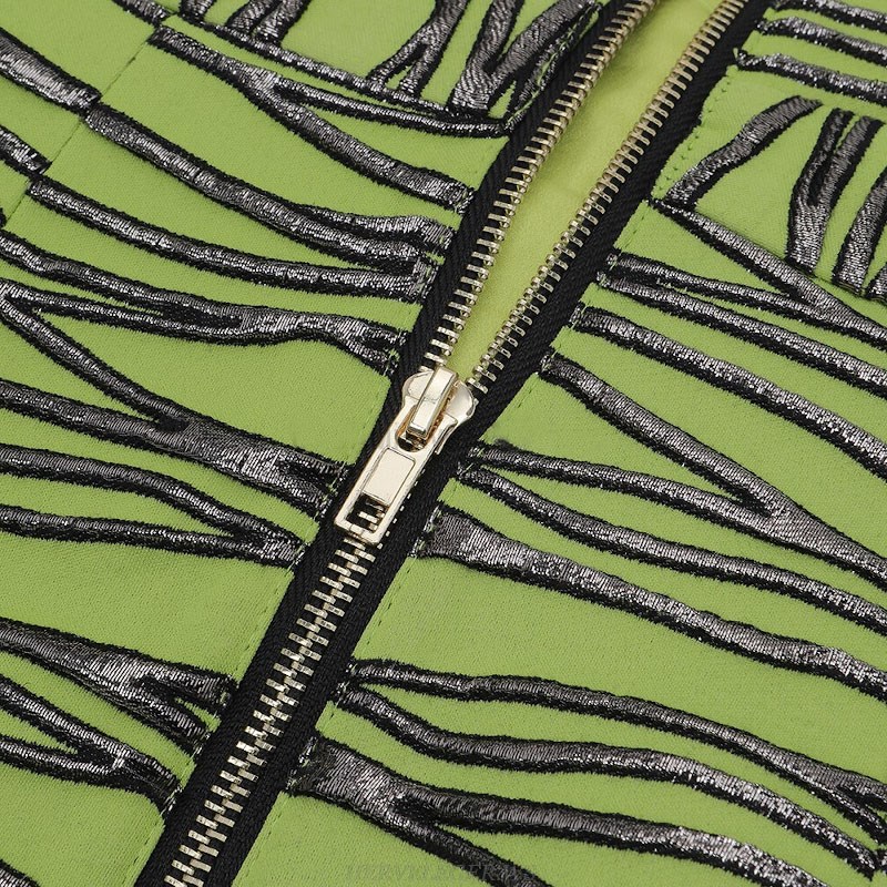 Herve Leger Green Silver Strapless Frill Detail Dress