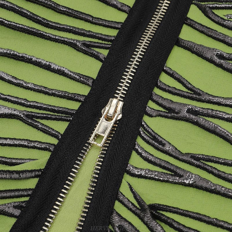 Herve Leger Green Silver Strapless Frill Detail Dress