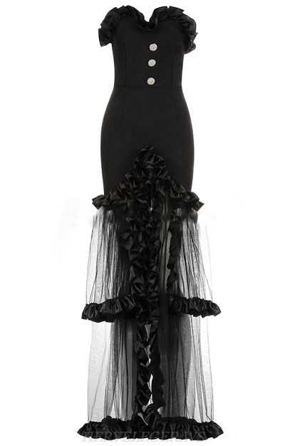 Herve Leger Black Strapless Frill Mesh Gown