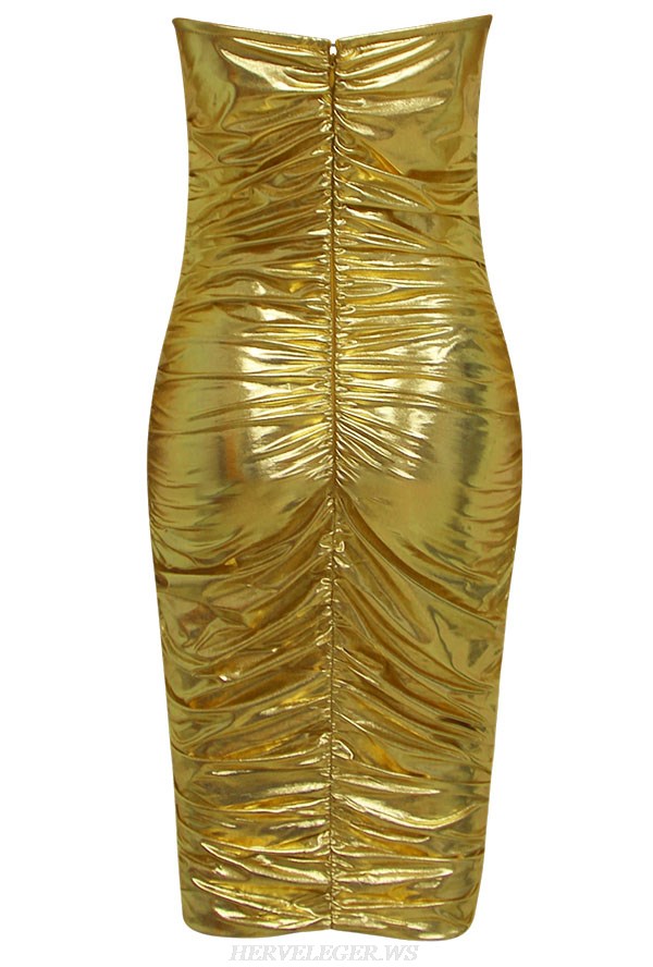 Herve Leger Gold Strapless Ruched Dress
