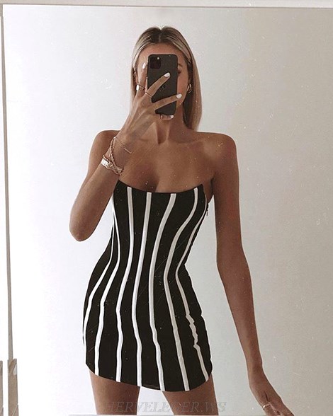 Herve Leger Black White Strapless Stripes Dress