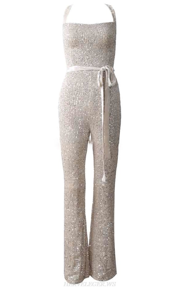 Herve Leger Silver Strappy Sequin Jumpsuit