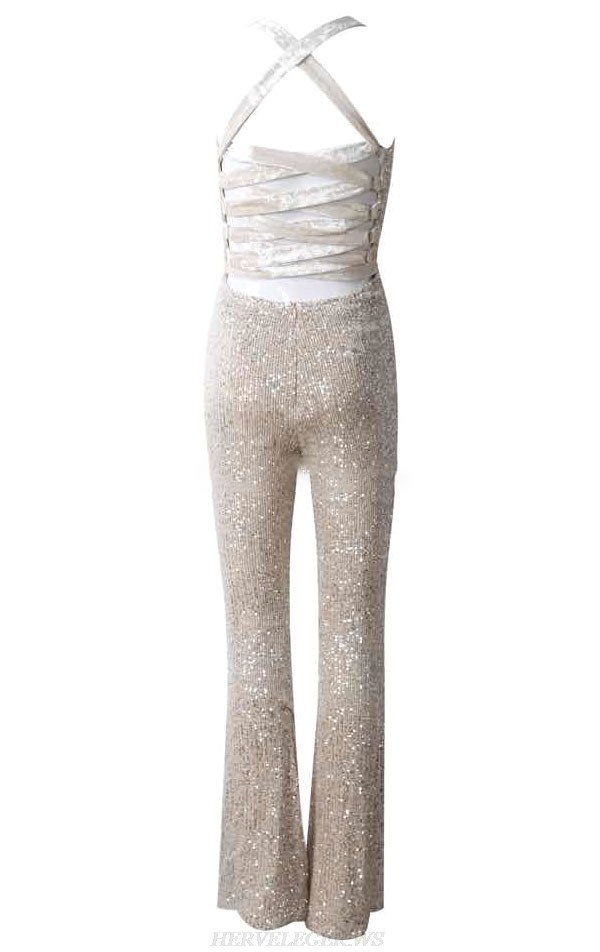 Herve Leger Silver Strappy Sequin Jumpsuit