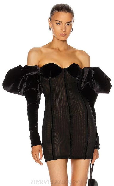 Herve Leger Black Velvet Puff Sleeve Bustier Dress