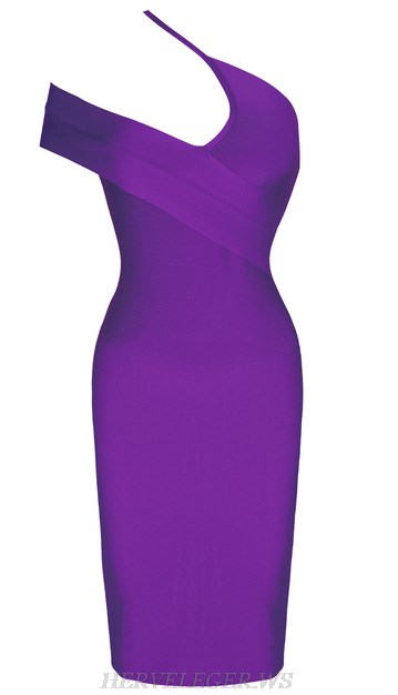 Herve Leger Purple Asymmetric Bardot Dress