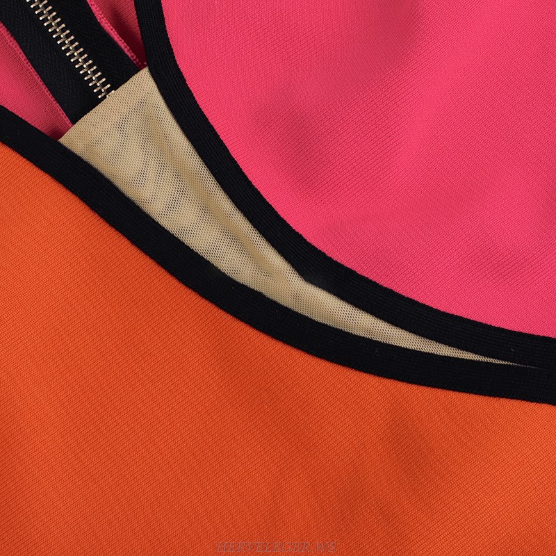 Herve Leger Pink Orange Asymmetric Mesh Insert Dress
