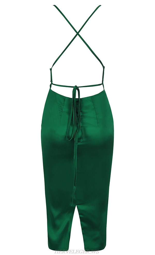 Herve Leger Green Backless Satin Dress