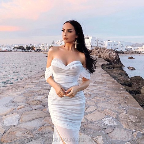 Herve Leger White Bardot Bustier Draped Dress