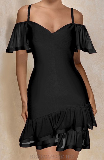Herve Leger Black Bardot Ruffle Dress