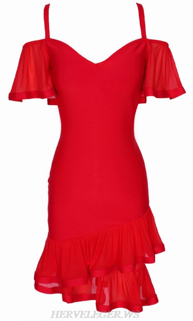 Herve Leger Red Bardot Ruffle Dress