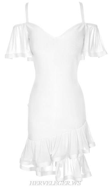 Herve Leger White Bardot Ruffle Dress