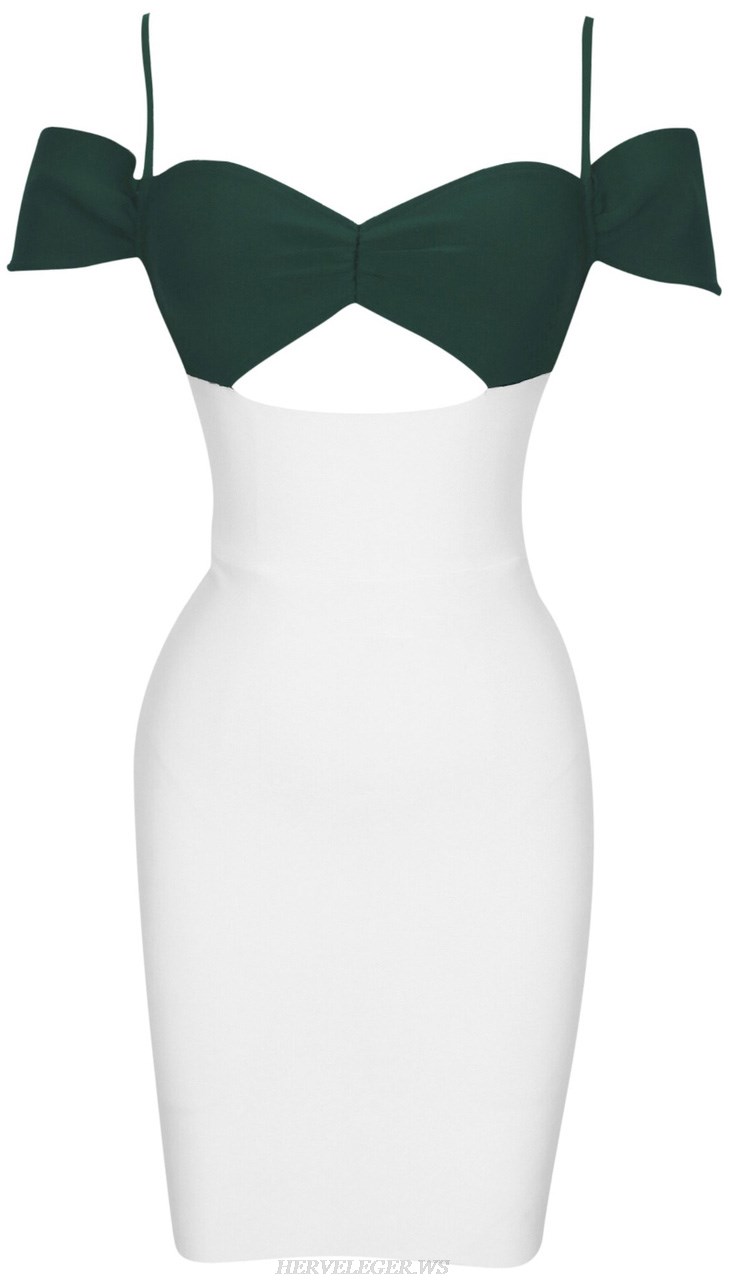 Herve Leger White Green Bardot Strap Dress