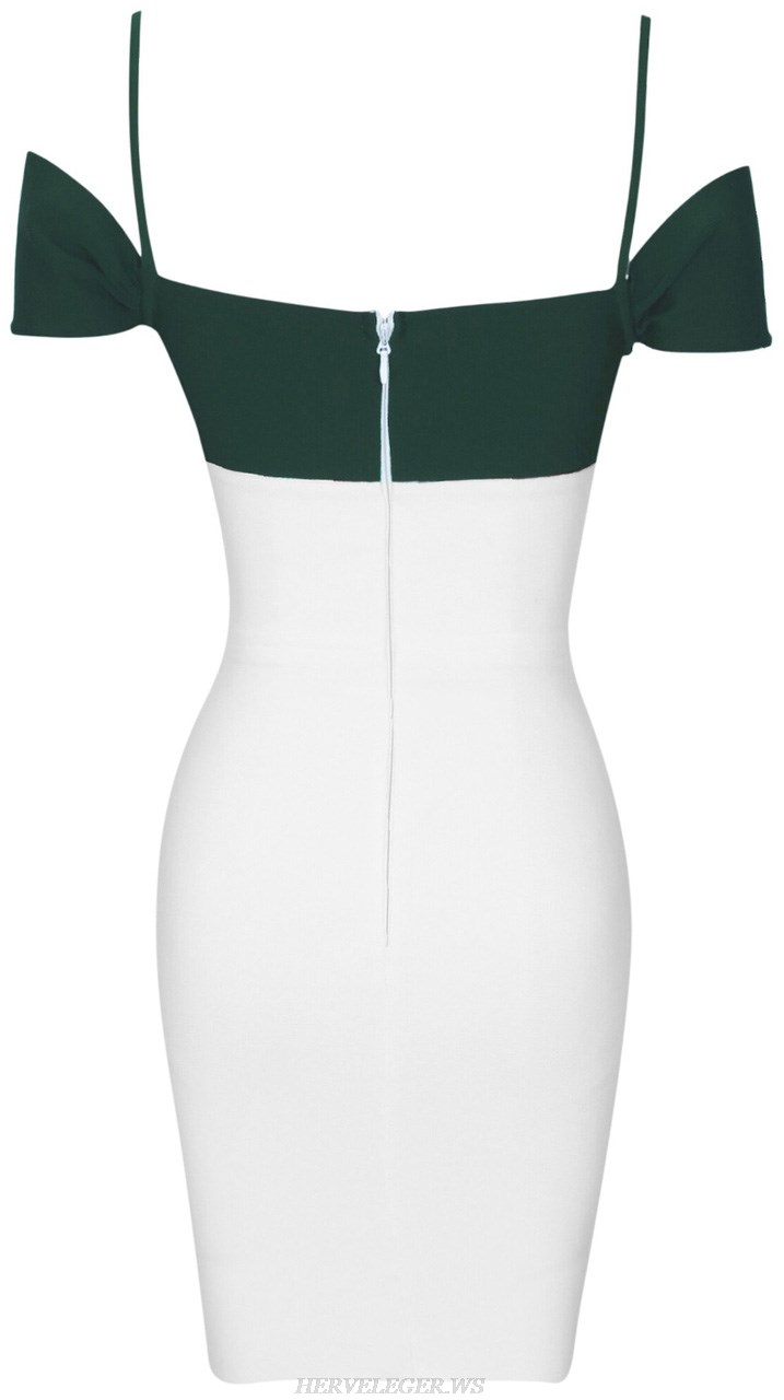 Herve Leger White Green Bardot Strap Dress